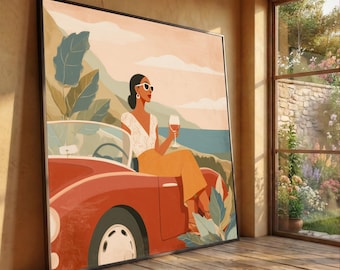 Vintage Coastal Drive Canvas Print, Woman Wine, Retro Car Art, Boho Chic Wall Decor