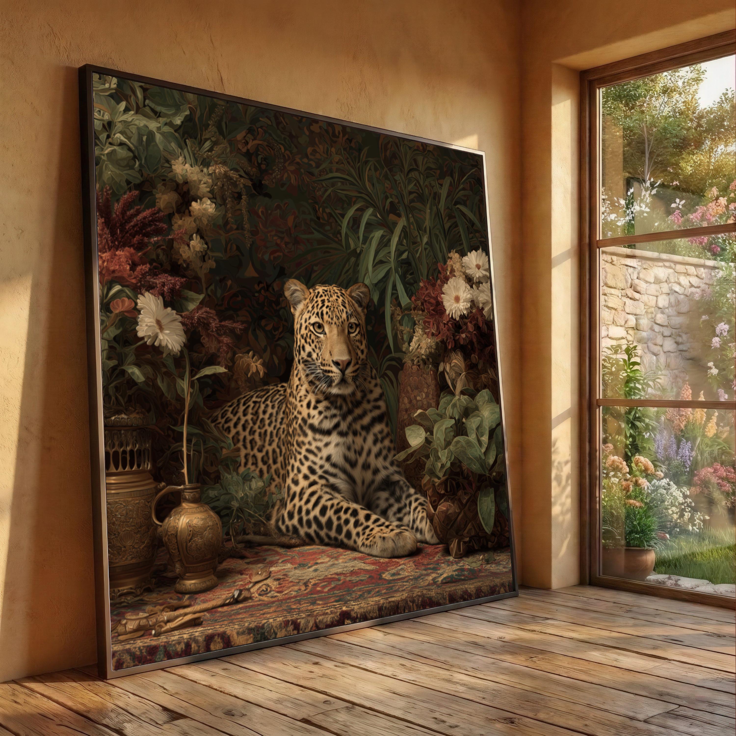 Regal Leopard Floral Still Life Canvas Print, Vintage Botanical Wildlife Art