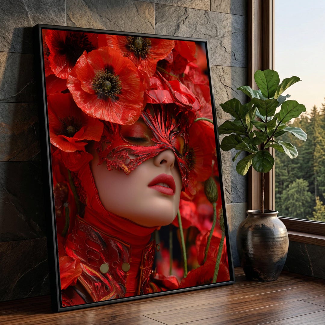 Flower Popy Mask Red Poppy Mask Portrait Canvas Art, Floral Fantasy Wall Decoration - Etsy