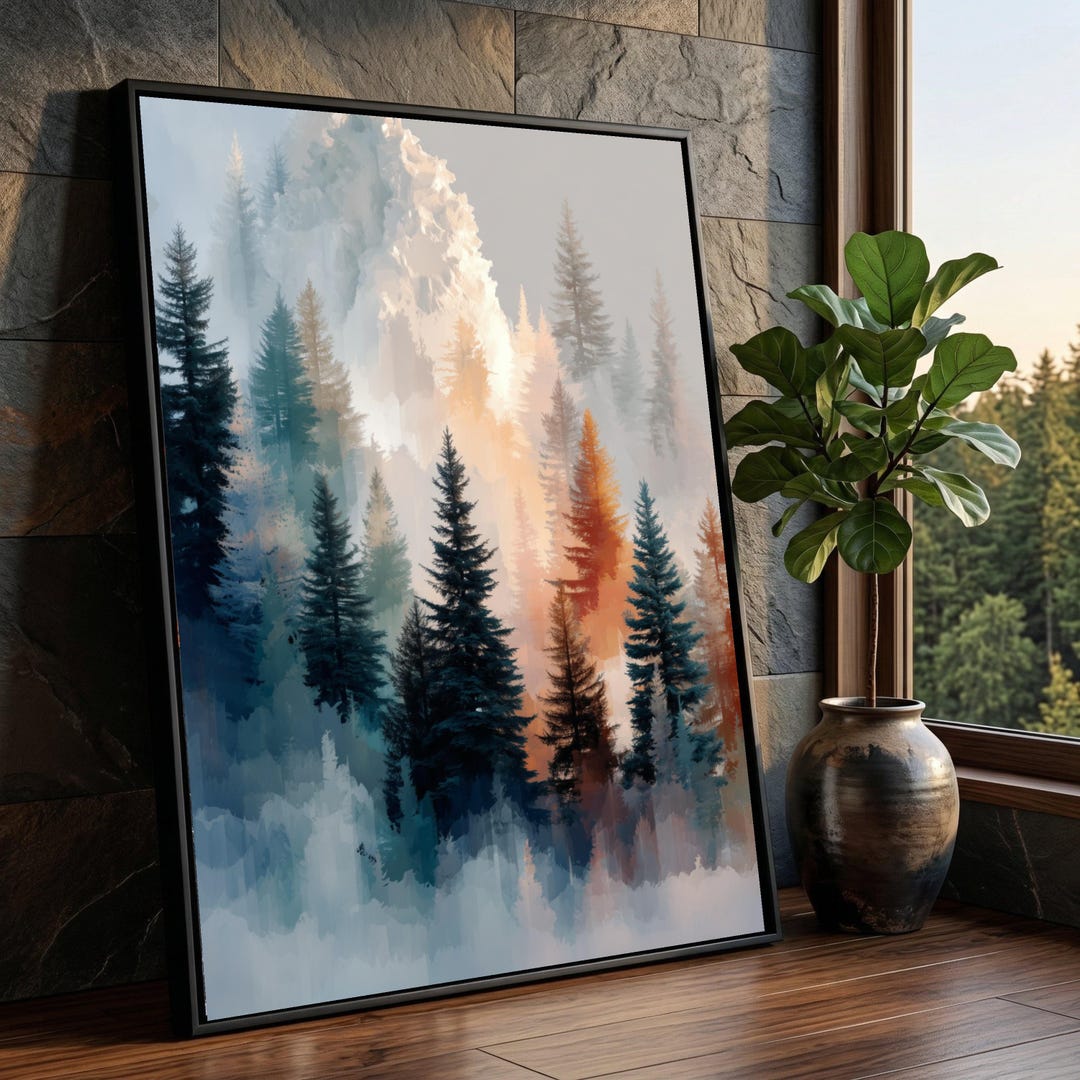 Misty Pine Forest Canvas Wall Art, Abstract Mountain Landscape, Nature ...