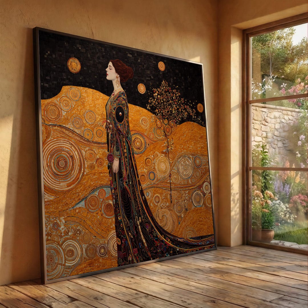 Gustav Klimt Woman in Ornate Dress Canvas, Golden Swirls Wall Art, Art ...
