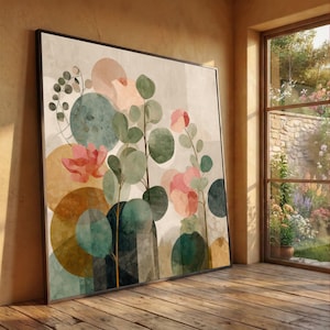 Stampa artistica su tela con motivi floreali astratti di eucalipto, decorazione murale con motivi floreali pastello