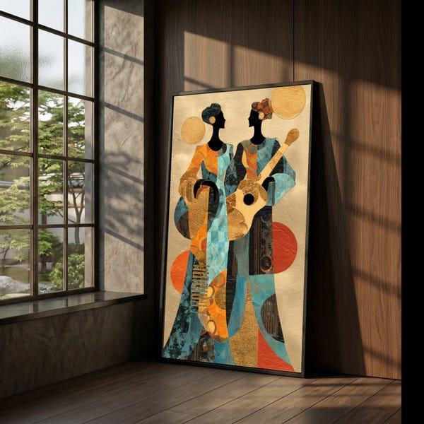 Abstract African Women Canvas Art, Gold Accents, Musical Instruments, Ethnic Home Decor