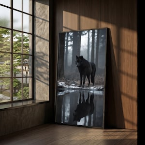 Black Wolf Forest Reflection Canvas Art, Moody Woodland Wall Decor