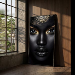 Striking Black and Gold Face Canvas, Glamorous Beauty Wall Art, Bold Portrait Canvas, Modern Home Decor Accent
