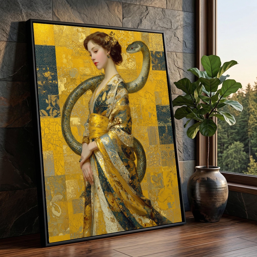 Gustav Klimt Elegant Woman With Snake Canvas, Gold Decorative Wall Art ...