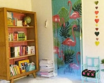Hand-Painted Bamboo Beaded Curtain – Flamingo Hanging Doorway Room Divider (35.5 x 78 Inches)