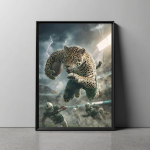 May include: Framed artwork depicting a jaguar in a football uniform running with the ball. The jaguar is mid-air, with a determined expression. The background shows a stadium with other players and lightning.