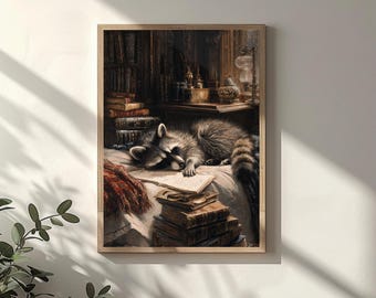Sleepy Reading Racoon | Funny Animal Art | Animal Decor