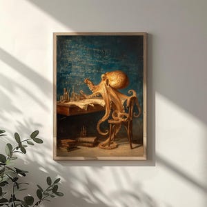 Poster med matematikgeni och bläckfisk | Rolig och smart djurväggkonst (museipapper)