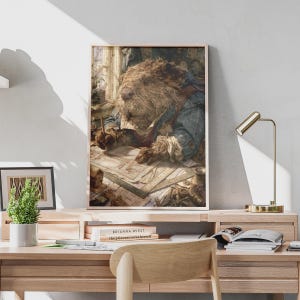May include: A framed wall art print depicting a furry, brown, anthropomorphic beaver wearing a blue denim shirt, hunched over a wooden desk while sketching architectural blueprints with a pencil, surrounded by various drafting tools and gears.