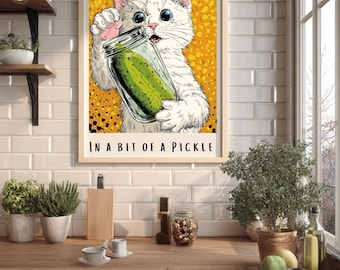 Funny Cat Pickle Print | Quirky Kitchen Wall Art, Museum Grade Poster