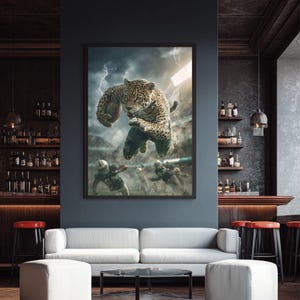May include: Framed artwork depicting a digitally created image of a jaguar playing American football. The jaguar is leaping with the ball, with other players in the background. The artwork is displayed in a living room setting with a white sofa and dark wood flooring.