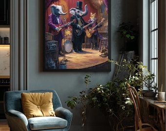 Funny Animal Band Poster – Elephants, Cat, Music Art, Museum Grade Print