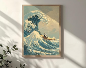 Panda Riding Wave Poster | Hokusai Parody Art Print | Funny Animal Wall Decor