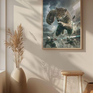 May include: A framed print shows a jaguar playing American football in a stadium during a storm. The jaguar, with its spotted coat, is leaping with the ball. Other players in green uniforms are visible in the background. The artwork is displayed on a wall.