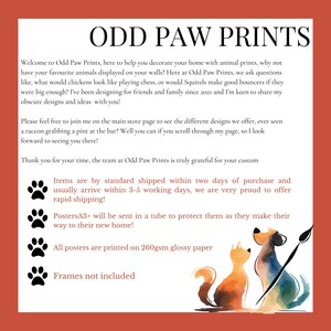 May include: Promotional poster for Odd Paw Prints, with text and watercolour illustrations. The text welcomes customers and describes the shop's offerings. Illustrations show a cat, dog, and paintbrush. Shipping details are also included.