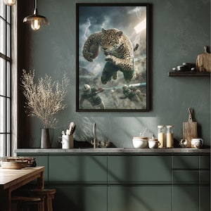 May include: Framed artwork depicting a jaguar catching a football in a dramatic football scene. The image includes a stormy sky and stadium lights. The artwork is displayed in a kitchen with dark green cabinets and a wooden table.
