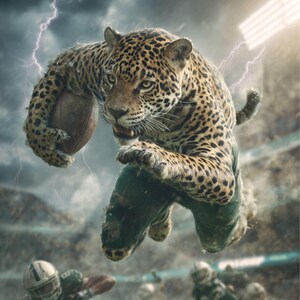 May include: A digital artwork depicting a jaguar in a football uniform, running with a football. The jaguar is mid-air, with a stormy sky and lightning. Other football players are visible in the background.
