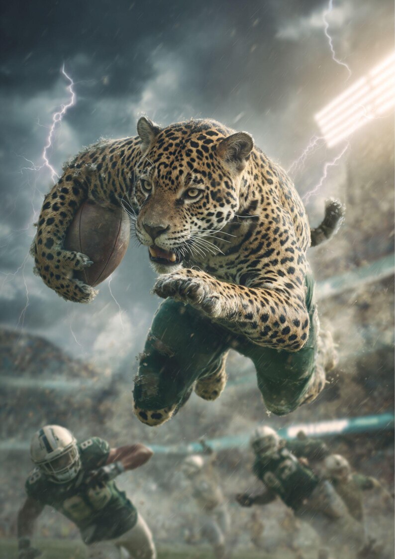 May include: A digital artwork depicting a jaguar in a football uniform, running with a football. The jaguar is mid-air, with a stormy sky and lightning. Other football players are visible in the background.
