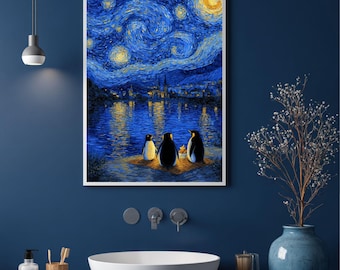 Starry Night Penguins Poster | Van Gogh Inspired Animal Art Print