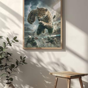 May include: A framed print shows a jaguar leaping in a football stadium, holding a football. The jaguar is wearing a green uniform. Lightning flashes in the background. Other football players are visible in the background.