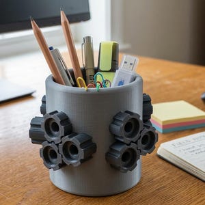 Könnte beinhalten: Ein grauer, zylindrischer Schreibtisch-Organizer mit schwarzen, zahnradförmigen Akzenten, der Bleistifte, Stifte, einen Textmarker und einen USB-Stick enthält. Der Organizer steht auf einem Holzschreibtisch, mit einem Notizblock, Haftnotizen und einer Computermaus in der Nähe.