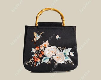 Embroidered Floral Bamboo Handle Bag, Vintage Butterfly Top Handle Handbag