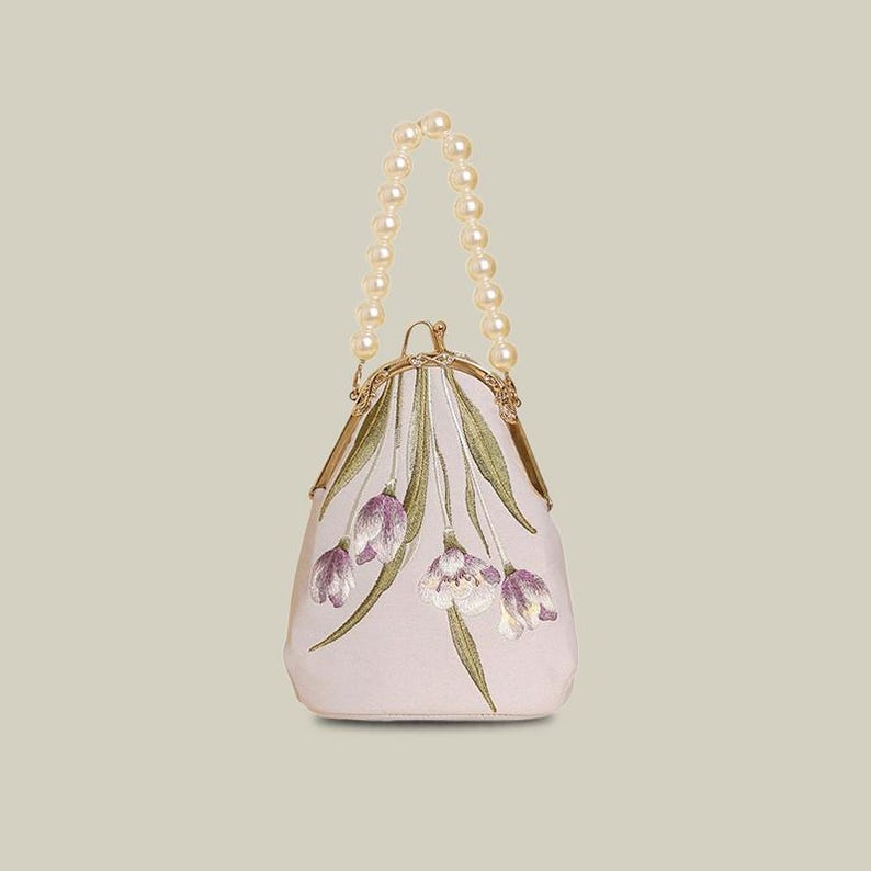 Purple clutches and evening bags - purple tulip embroidered pearl bridal clutch