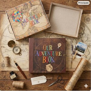 Puede incluir: Un libro de aventuras marrón con el título "Our Adventure Book" en letras coloridas. La imagen incluye una brújula, tinta, mapas y una caja con un diseño de mapa. La escena evoca una sensación de viaje y exploración.