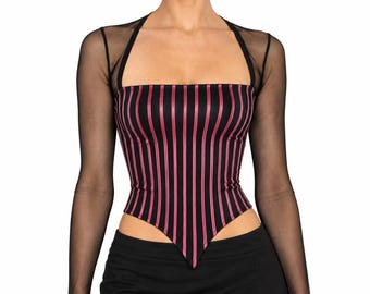 Vintage Joseph Ribkoff Korsettbluse aus den 90er Jahren, pink-schwarz gestreift, aus Mesh, Größe XS/S