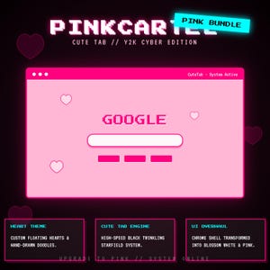 Puede incluir: Un diseño de arte digital rosa con el texto "PINKCARTEL" y "PINK BUNDLE". El diseño presenta una ventana de navegador rosa con el logotipo de Google, corazones y cuadros de texto que describen características.