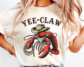 Lobster Cowboy Shirt, Trendy Yee Claw Tee, Funny Lobster Shirt, Western Beach Top Amalfi Coast Trip, Tomato Girl Summer