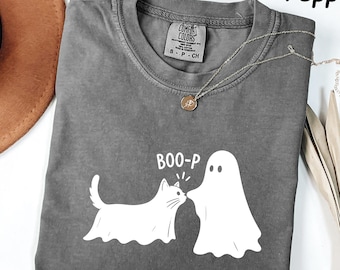 Comfort Colors® Boo-P Ghost Cat Shirt, Funny Halloween Boop Nose Tee, Cute Ghost and Cat Comfort Colors Shirt, Spooky Cat Lover Gift