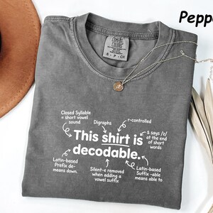 May include: A pepper-colored t-shirt with white text that reads: This shirt is decodable. The graphic includes linguistic annotations such as Closed Syllable, Digraphs, r-controlled, Latin-based Prefix de-, Silent-e, and Latin-based Suffix -able.