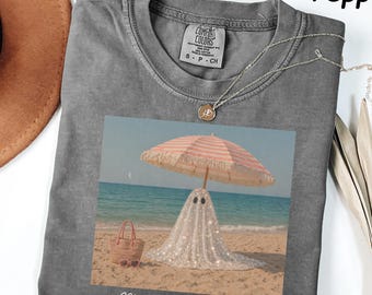 Comfort Colors® Mentally I'm Here T-Shirt, Sparkly Ghost Beach Tee, Vintage Summer, Cute Spooky Retro Graphic Tee
