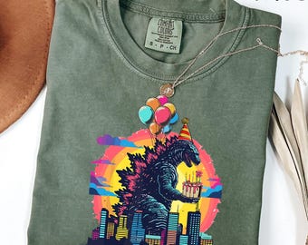 Comfort Colors® Godzilla Birthday T-Shirt, Kaiju Monster Tee, Japanese Art Shirt, Funny Party Shirt, Birthday Gift, Godzilla Movie Tee