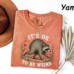 May include: A terracotta-coloured t-shirt featuring a graphic of a raccoon walking among flowers and mushrooms. The text "IT'S OK TO BE WEIRD" is printed in white above and below the raccoon. The shirt has a Comfort Colors brand label.