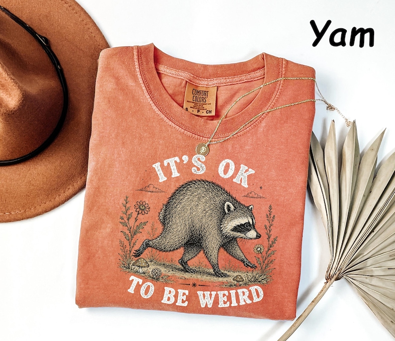 May include: A terracotta-coloured t-shirt featuring a graphic of a raccoon walking among flowers and mushrooms. The text "IT'S OK TO BE WEIRD" is printed in white above and below the raccoon. The shirt has a Comfort Colors brand label.