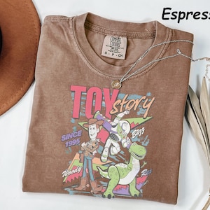 May include: Espresso-colored t-shirt featuring a graphic of Woody, Buzz Lightyear, and Rex from Toy Story. The design includes the text "TOY STORY" and "SINCE 1995". A silver necklace with a pendant is draped across the shirt.