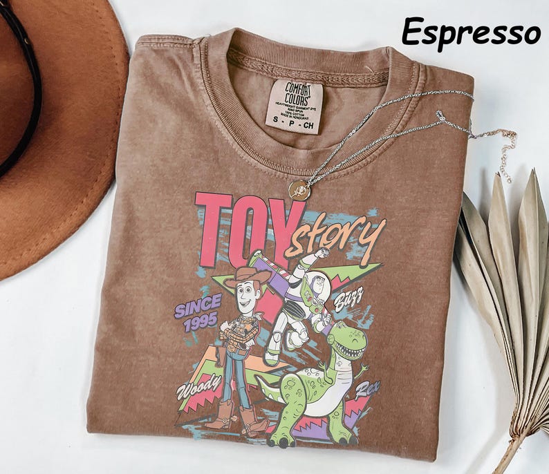May include: Espresso-colored t-shirt featuring a graphic of Woody, Buzz Lightyear, and Rex from Toy Story. The design includes the text "TOY STORY" and "SINCE 1995". A silver necklace with a pendant is draped across the shirt.