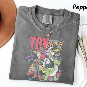 May include: A gray t-shirt featuring the Toy Story logo and characters Woody, Buzz Lightyear, and Rex. The graphic includes the text "TOY STORY" and "SINCE 1995". A silver necklace with a pendant is draped on the shirt.