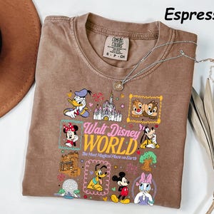 K&ouml;nnte beinhalten: Espressofarbenes T-Shirt mit einem farbenfrohen Disney World-Grafikdruck, darunter Donald Duck und Mickey Mouse. Der Text "Walt Disney World" ist zu sehen. Eine silberne Halskette liegt auf dem Shirt. Gr&ouml;&szlig;e S-P-CH.