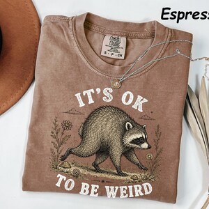 May include: An espresso-coloured t-shirt featuring a graphic of a raccoon walking through a field with flowers and mushrooms. The text "IT'S OK TO BE WEIRD" is printed in white above and below the raccoon. The shirt has a Comfort Colors label.