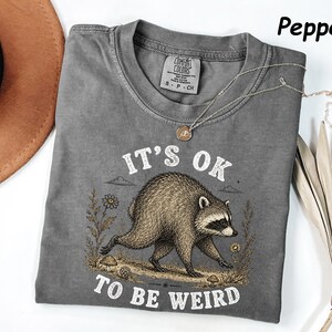 May include: A pepper-coloured t-shirt featuring a graphic of a raccoon walking through a field with flowers and mushrooms. The text above and below the raccoon reads, IT'S OK TO BE WEIRD. The shirt has a crew neckline and a Comfort Colors brand label.