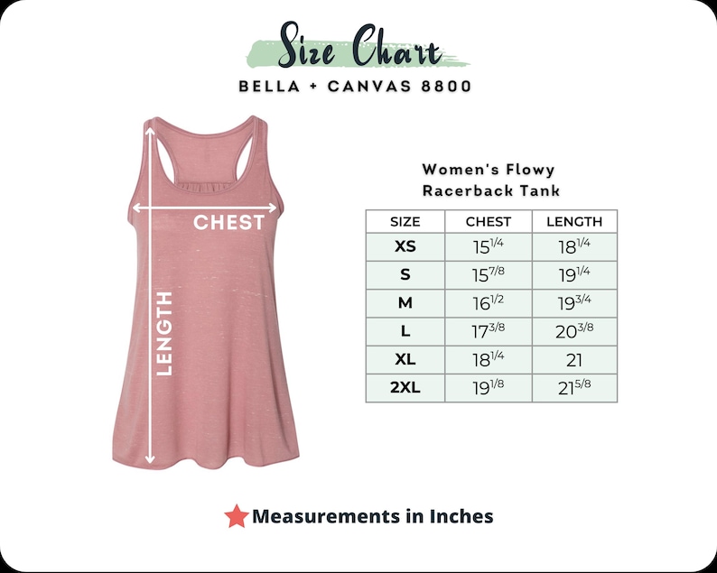 Pu&ograve; includere: Una canotta racerback rosa polveroso con una tabella delle taglie. La tabella mostra le misure del petto e della lunghezza in pollici per le taglie XS-2XL. Il testo "Size Chart" e "BELLA + CANVAS 8800" sono in alto.