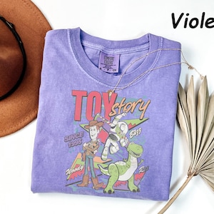 May include: A violet-colored t-shirt featuring a graphic of characters from the movie "Toy Story." The design includes Woody, Buzz Lightyear, and Rex, with the text "TOY STORY" and "SINCE 1995." A gold necklace and a brown hat are also visible.