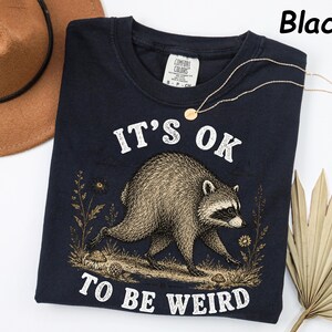May include: A black t-shirt featuring a graphic illustration of a raccoon walking through a field with mushrooms and flowers. The text "IT'S OK TO BE WEIRD" is printed in white above and below the raccoon. The shirt has a Comfort Colors label.