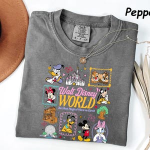 K&ouml;nnte beinhalten: Graues T-Shirt in der Farbe Pfeffer mit einem farbenfrohen Disney-Motiv, das Donald Duck und Mickey Mouse zeigt, sowie dem Text "Walt Disney World". Das T-Shirt hat einen Rundhalsausschnitt.