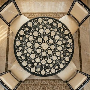 Luxury Black Marble Round Coffee Table Top, White Floral Shell Inlay Table, Pietra Dura Marble Coffee Table, Handmade Statement Decor